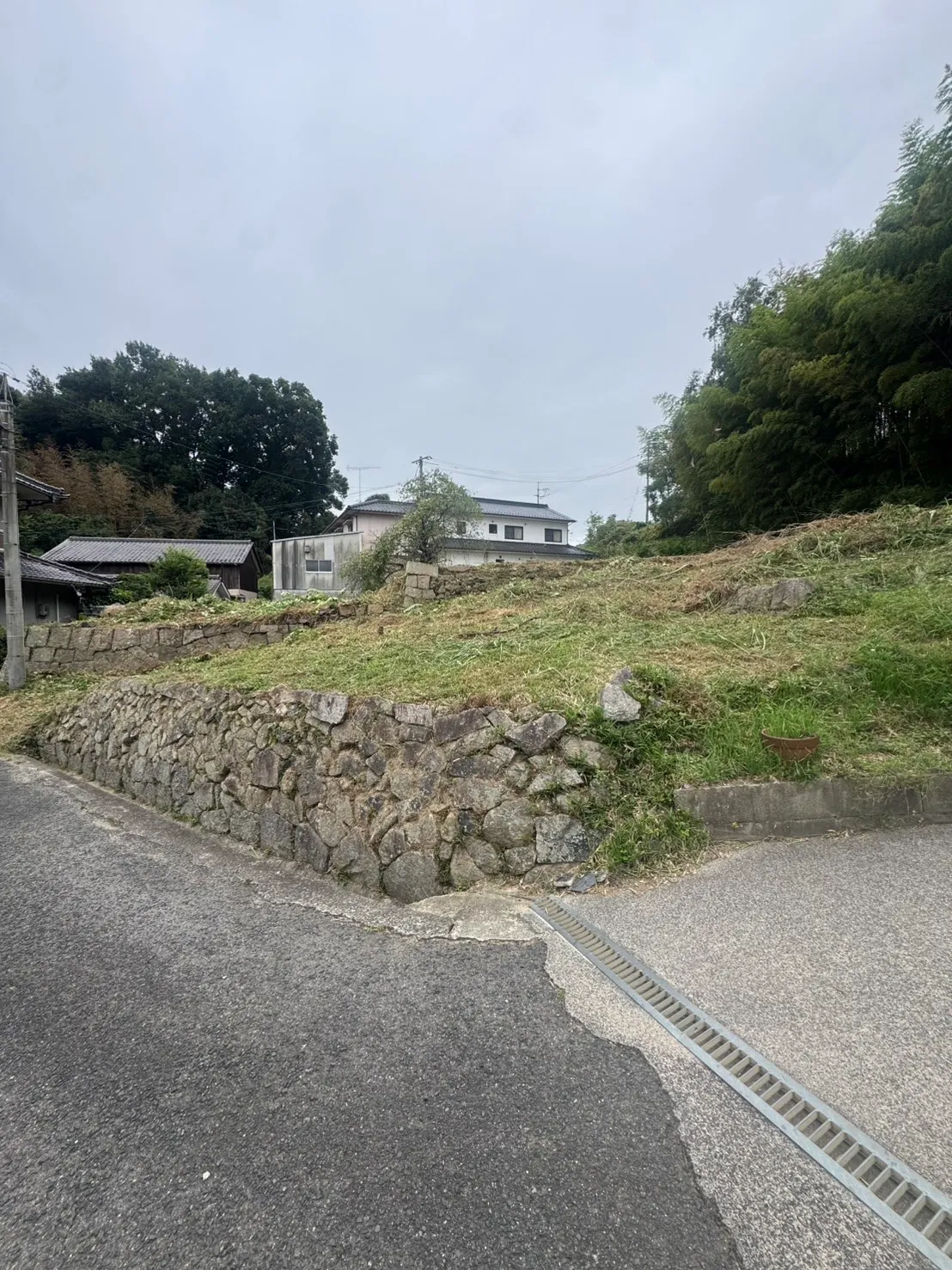 舗装路と石垣の奥に草を刈った斜面と別の石積みが見える敷地