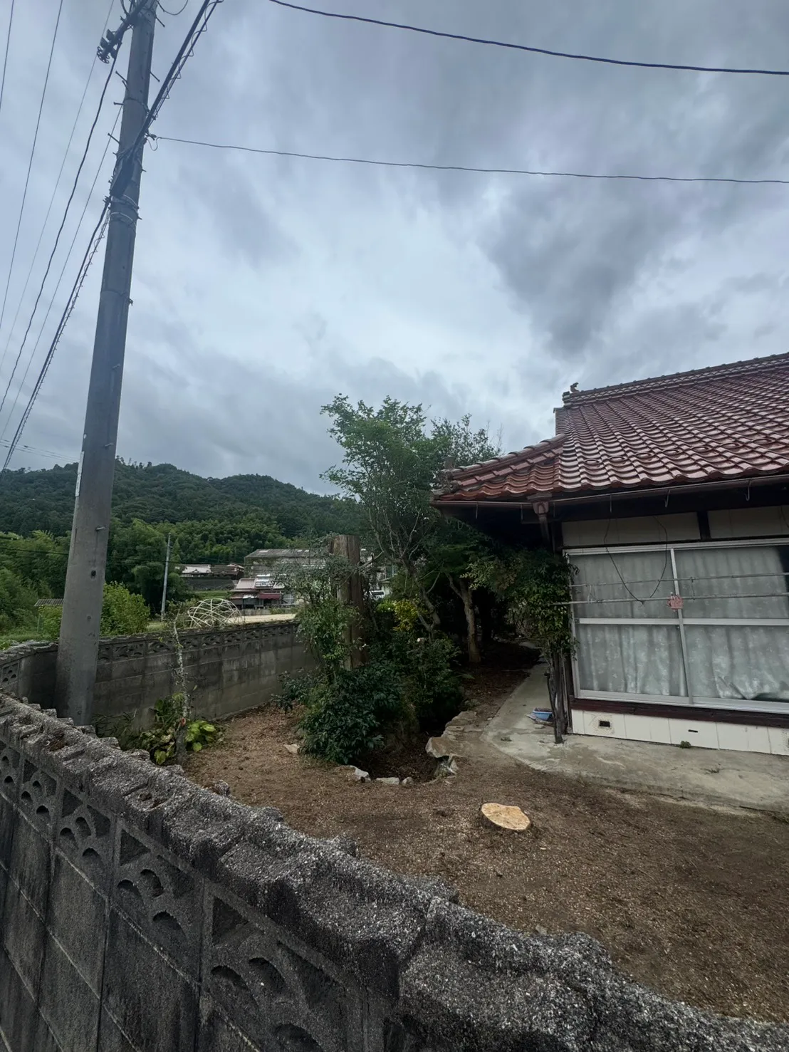 志和町の施工後。手前の地面に低い切り株が見え、奥には切られた幹や小さな木が残り、建物脇の通路が見える。