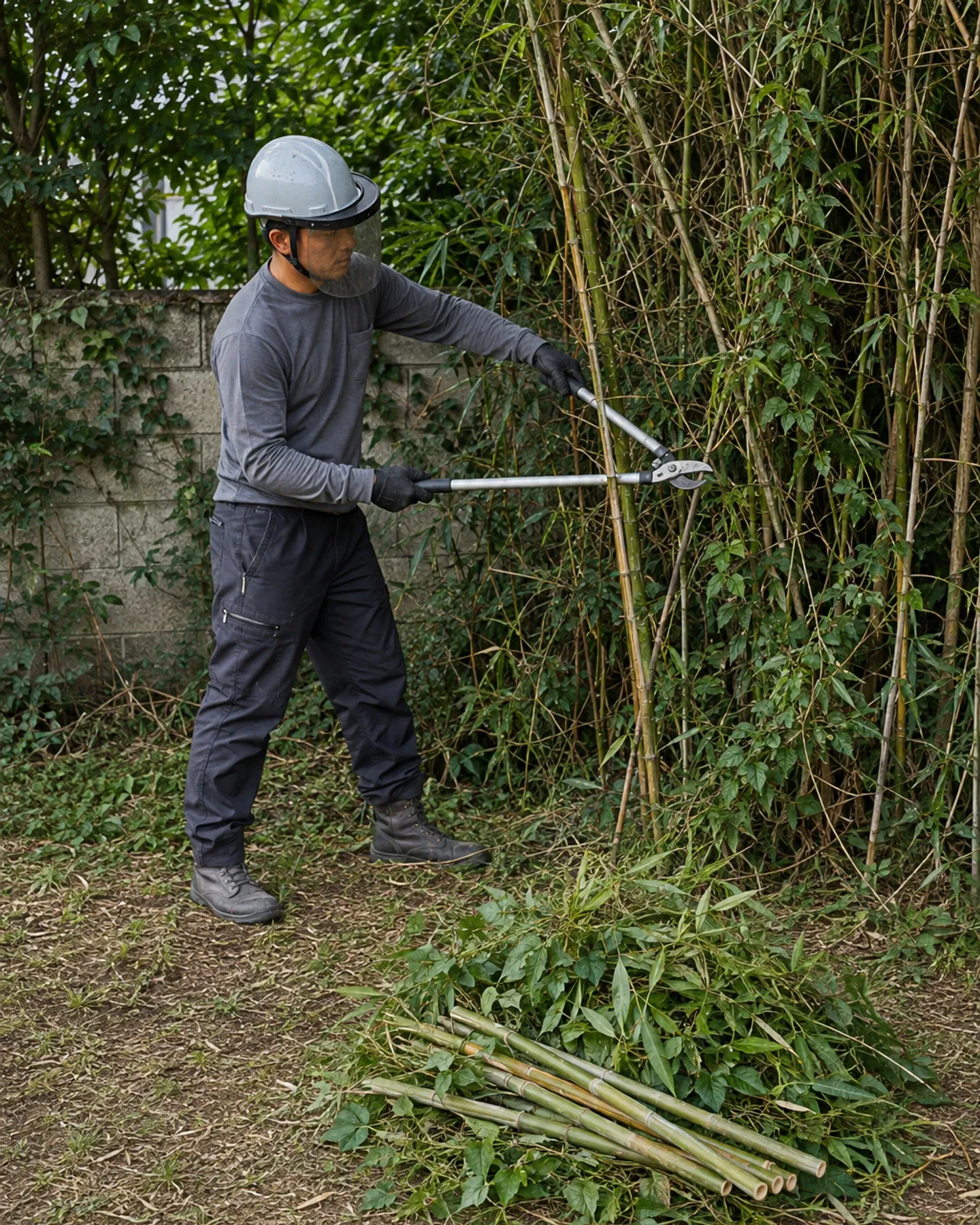 敷地境界の竹、笹、蔦をロッパーで整理する作業員