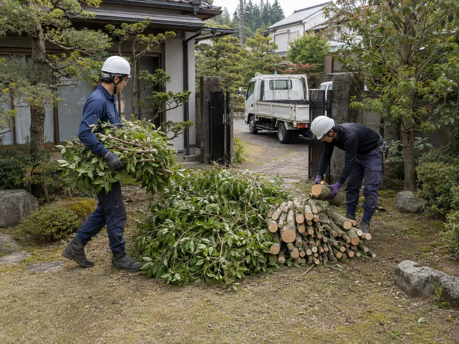 切った枝葉と短い幹を分けて一か所に集める作業員