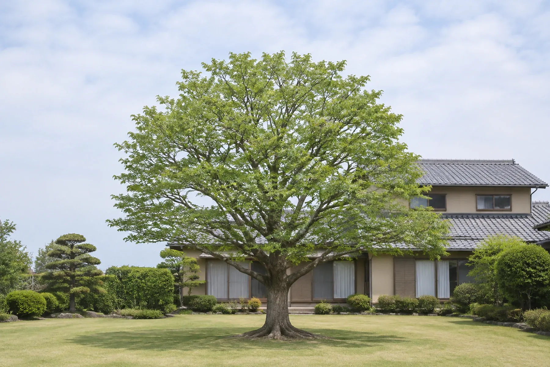 根元から左右の枝先まで全体が収まった庭木