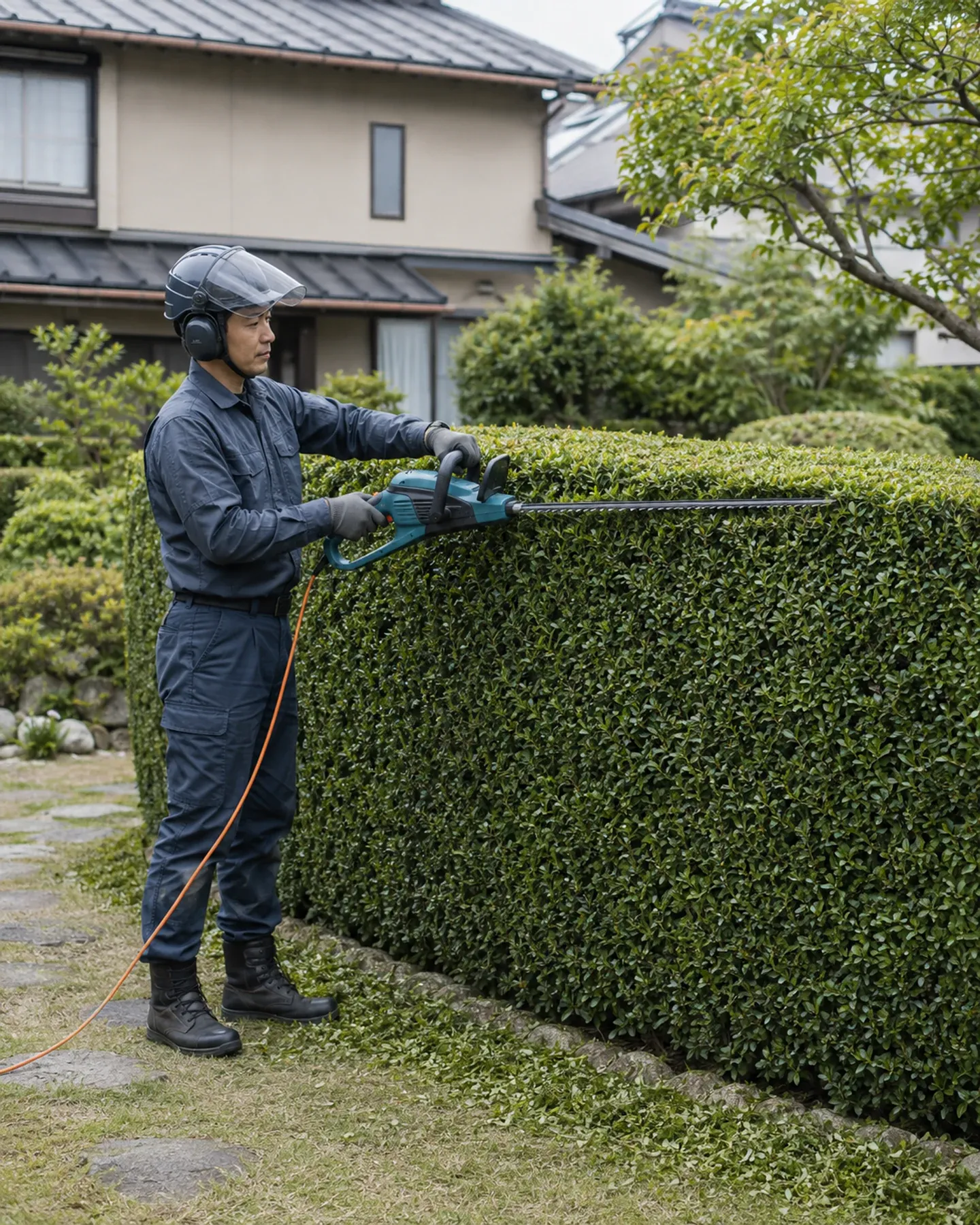 生垣の上面と側面を刈り込み、高さと形を整える作業員