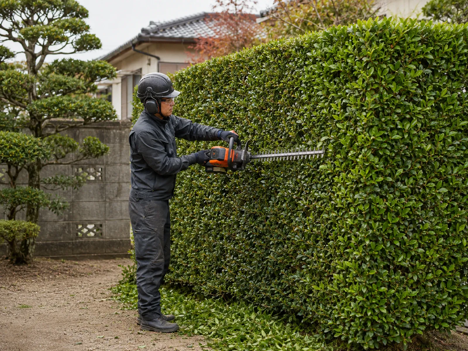 住宅の生垣を刈り込み、高さと幅を整える作業員