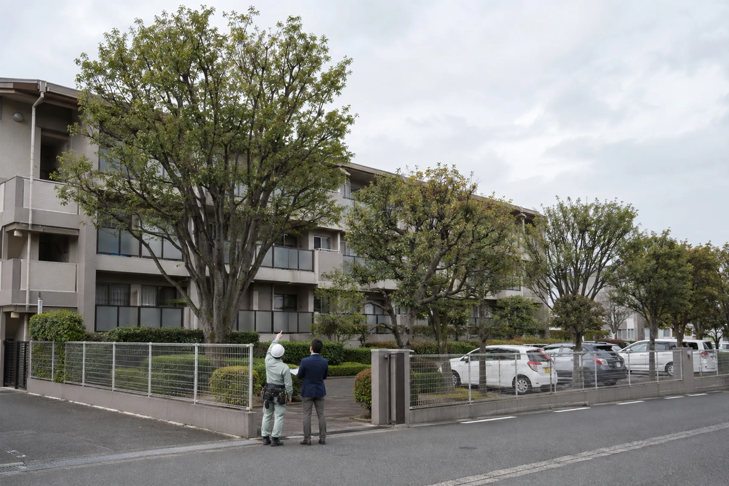 集合住宅の敷地で、樹木の状態を確認する作業員と管理担当者