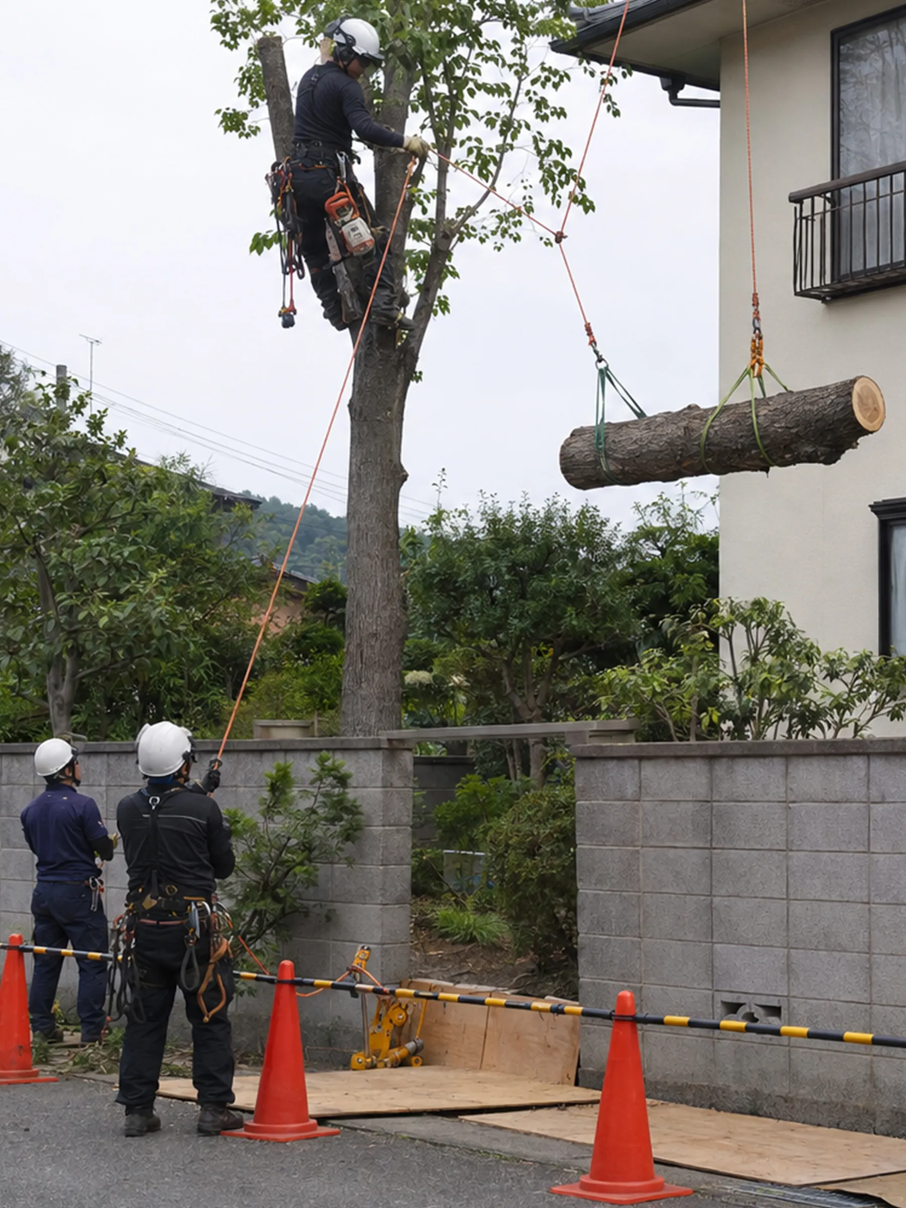 住宅に近い木の幹を切り、ロープで吊り下ろす作業員