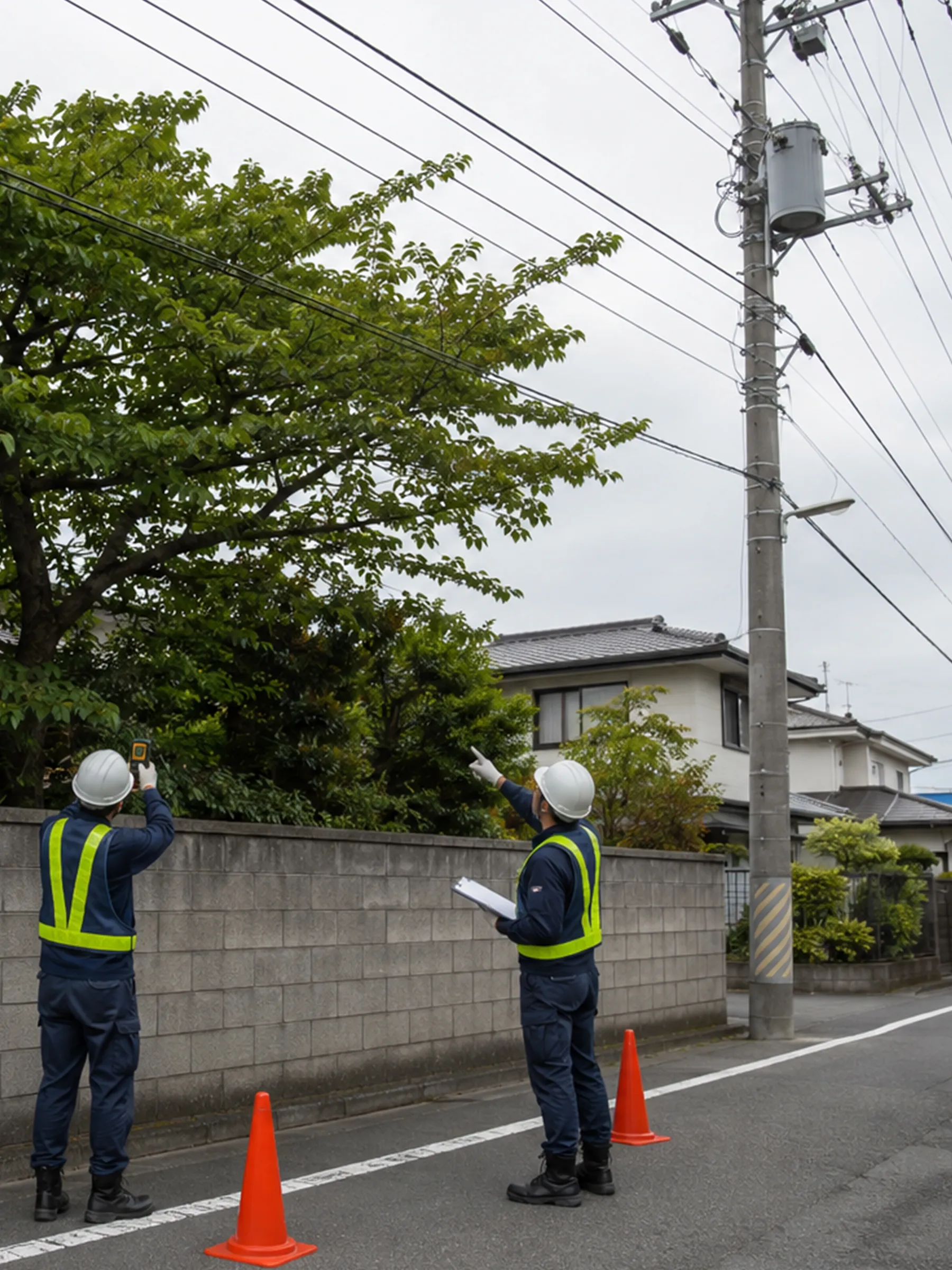 電線に近い庭木を見上げ、距離を確認する作業員