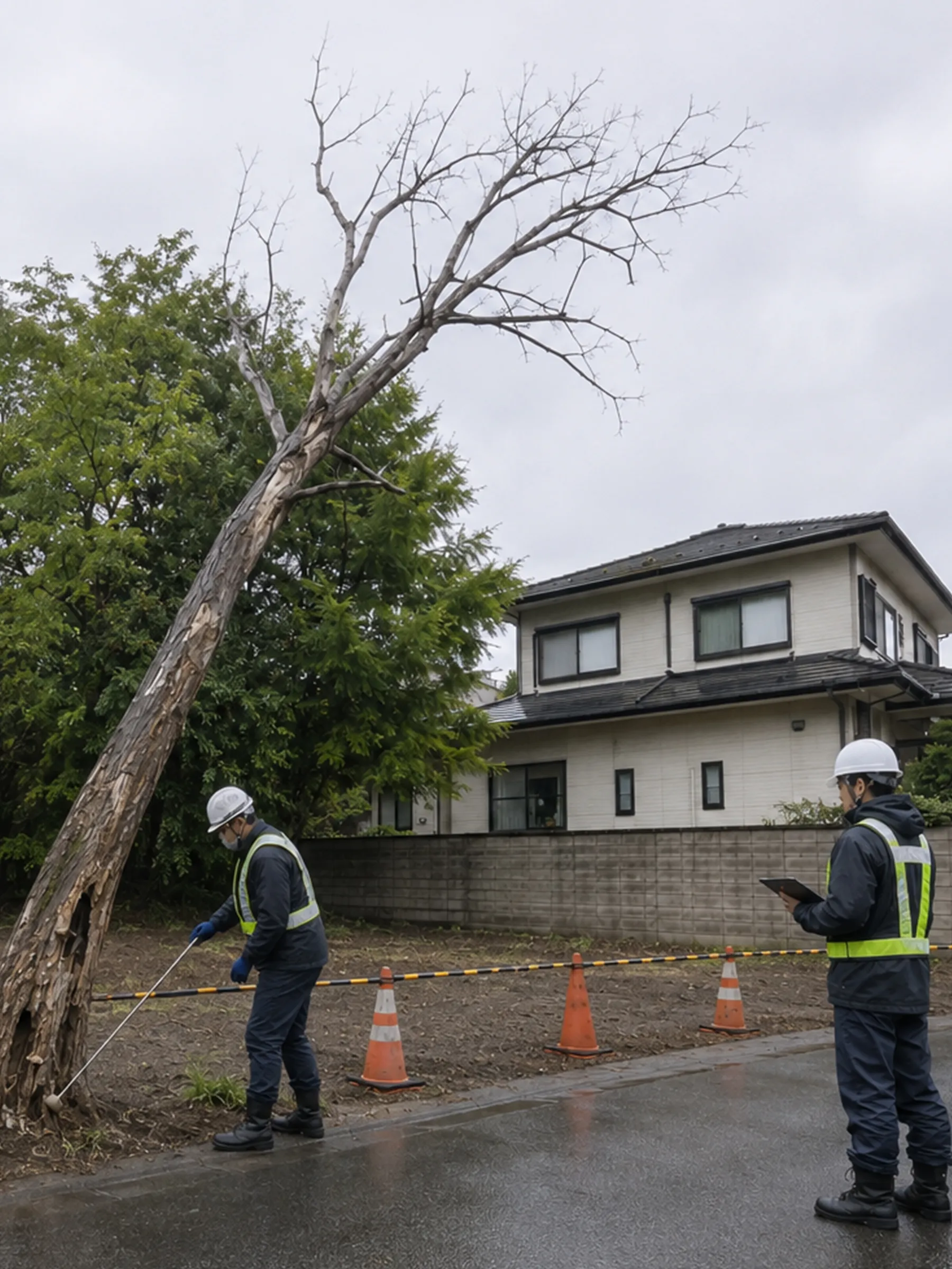 住宅に向かって傾いた枯れ木の状態を確認する作業員