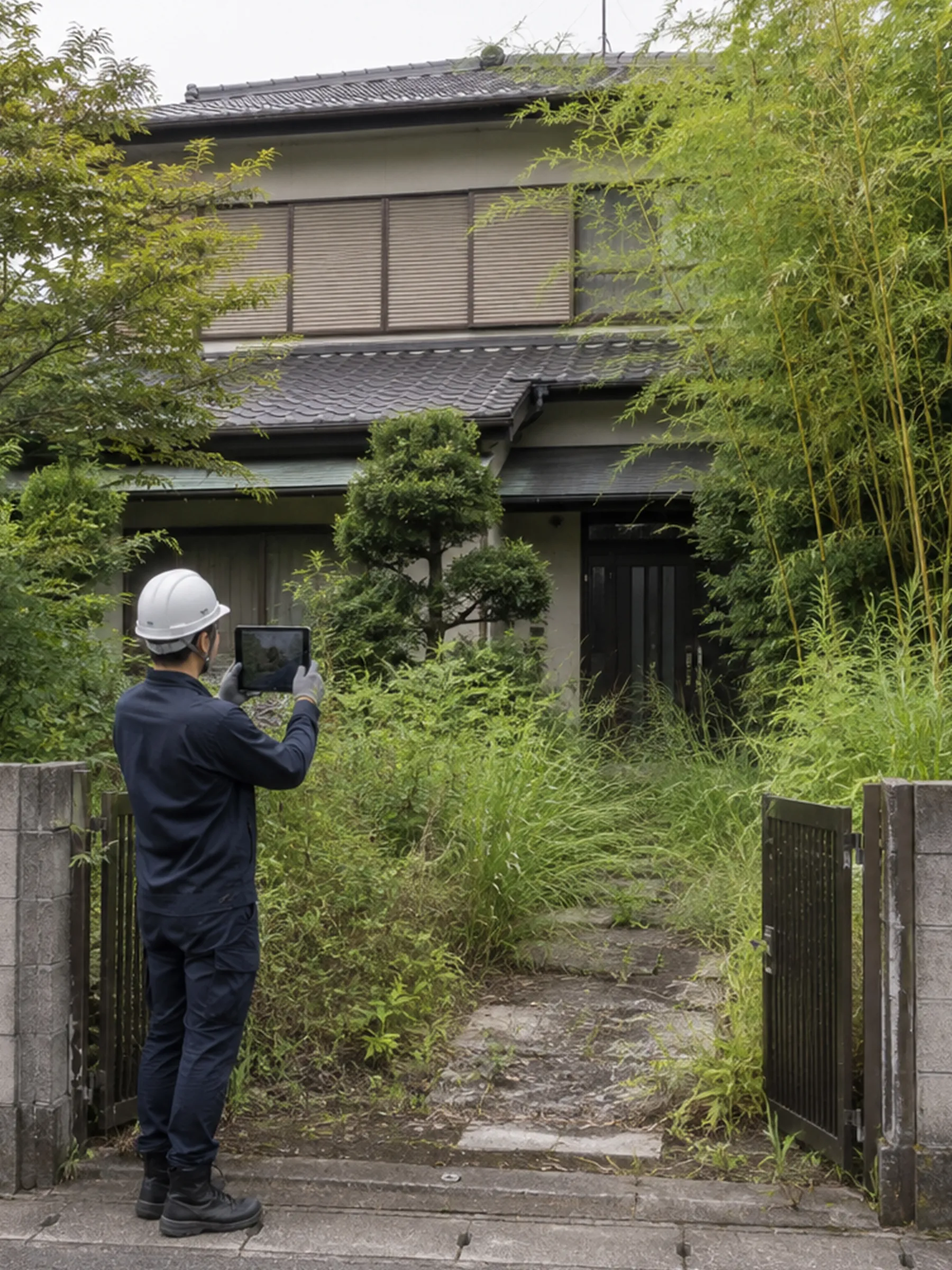 草木が伸びた空き家の庭をタブレットで記録する作業員