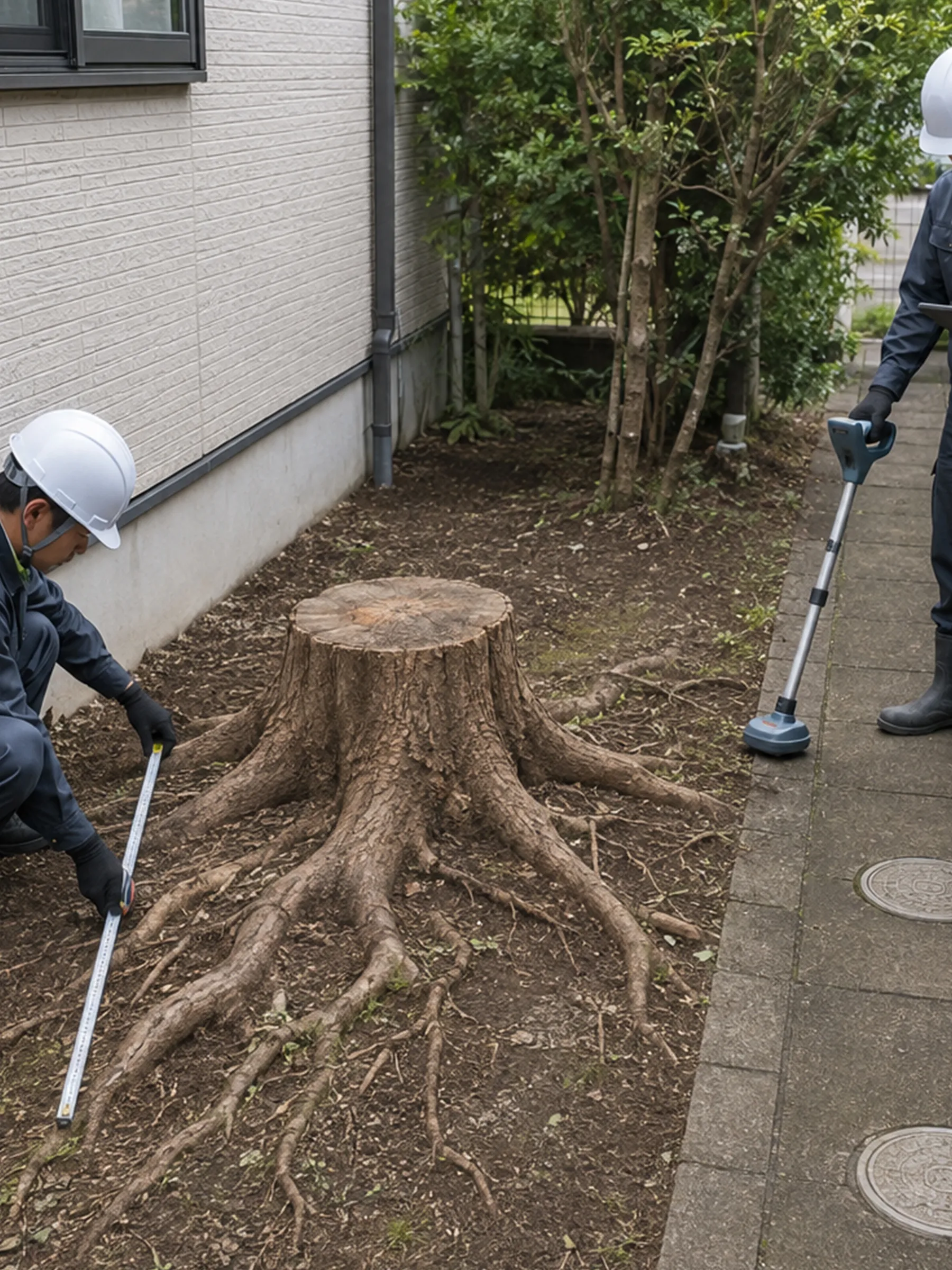 住宅脇の切り株と露出した根を測る作業員
