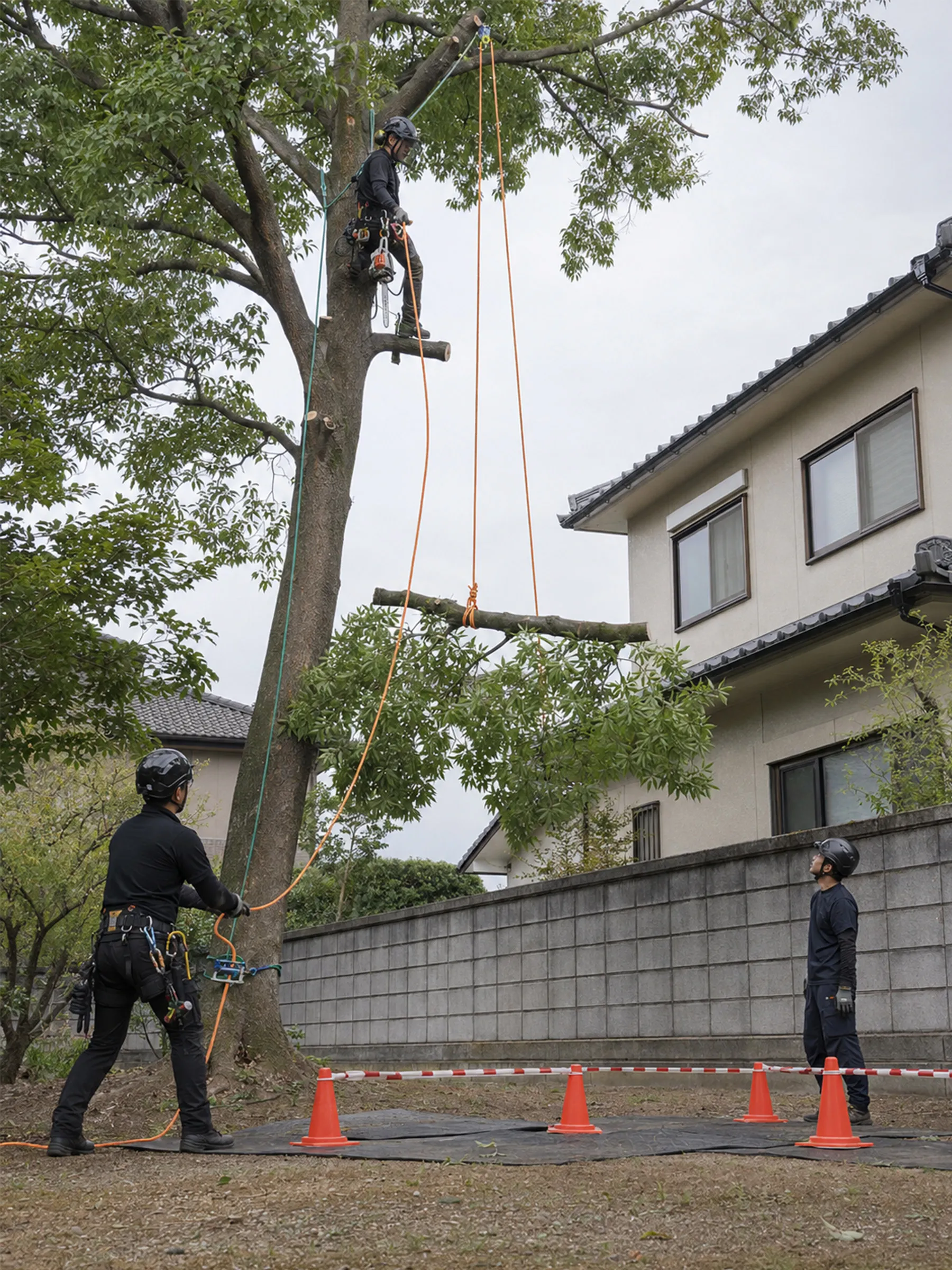 住宅に近い高木で、切った枝をロープで吊り下ろす作業員