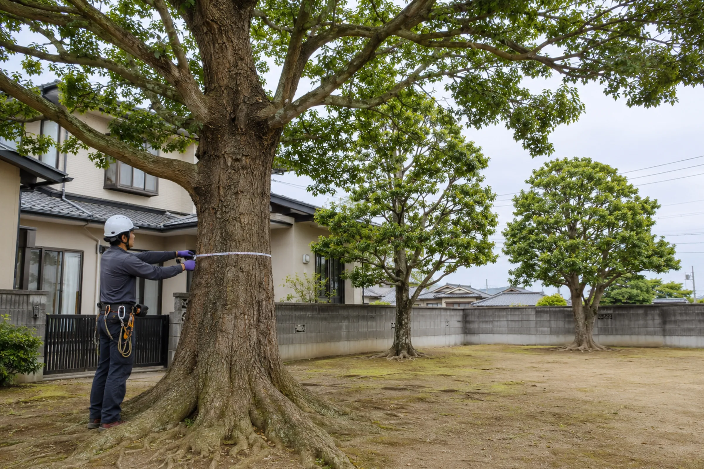 住宅の庭で、メジャーを幹に回して大木の太さを測る作業員