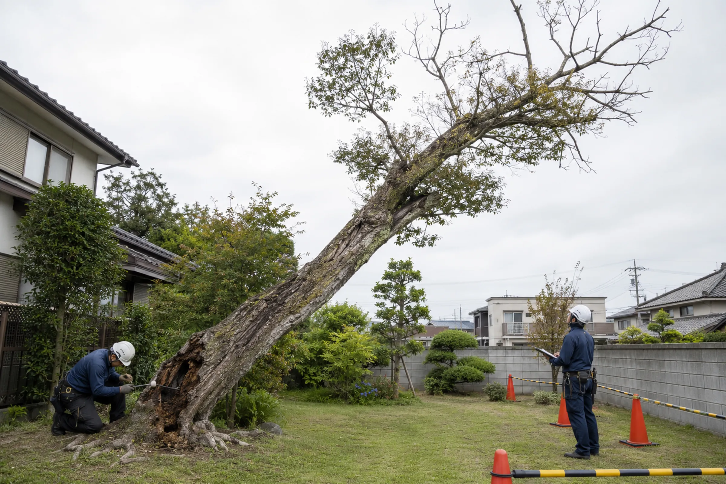 根元が腐り、住宅側へ大きく傾いた木を確認する作業員