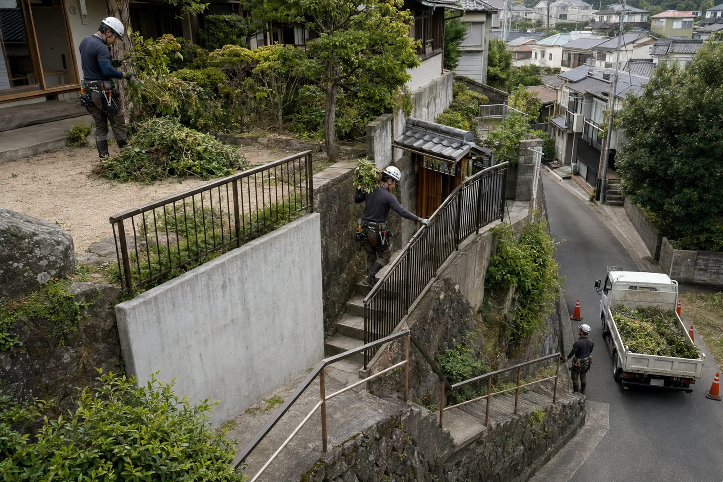 傾斜と階段のある敷地から、切った枝を道路の車両まで運ぶ作業員