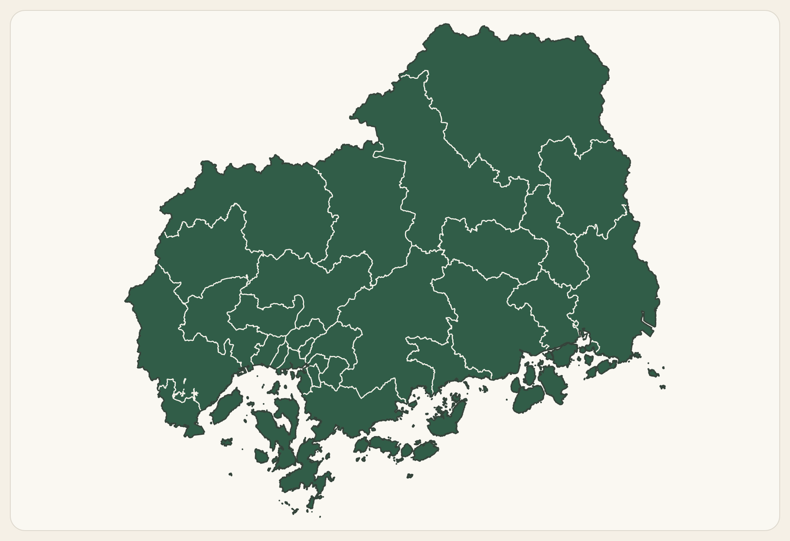 広島県の市町境界を白線で示し、県内全体を緑色で表した対応地域図
