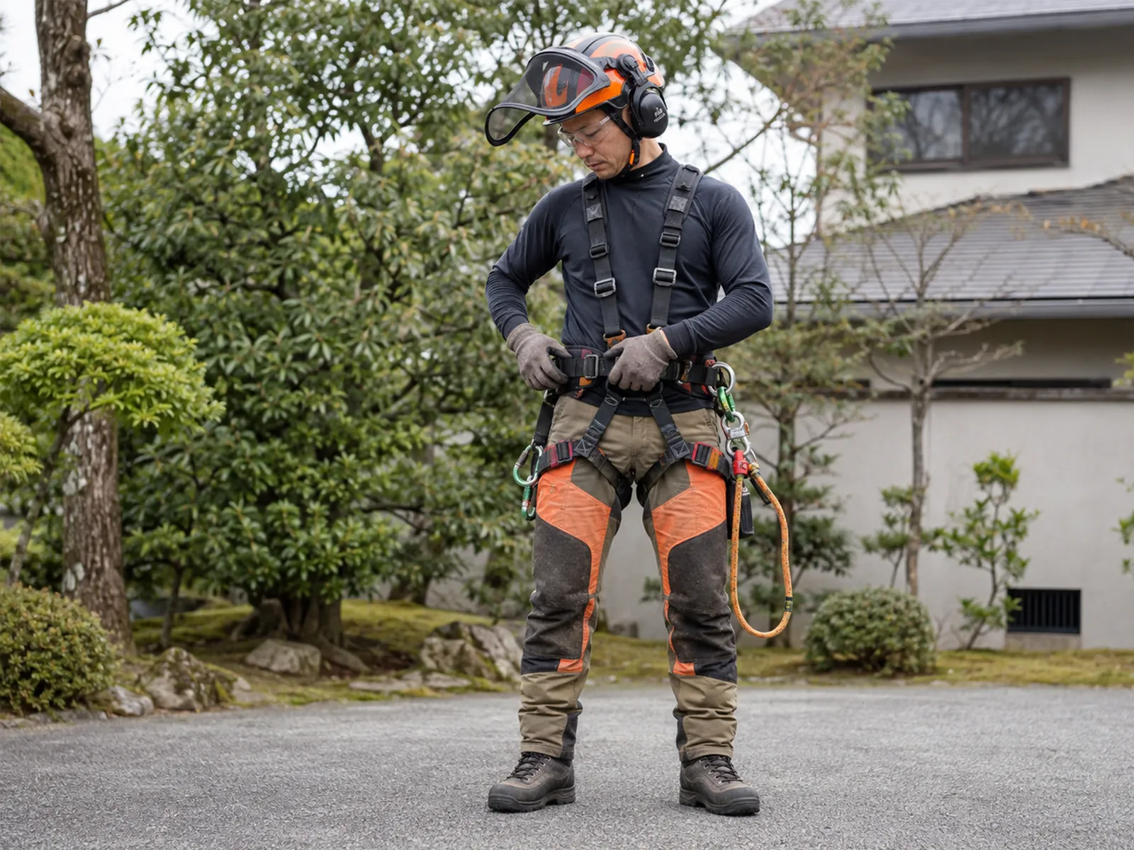 ヘルメット、保護眼鏡、イヤーマフ、手袋、ハーネス、防護ズボン、安全靴を着用した作業員