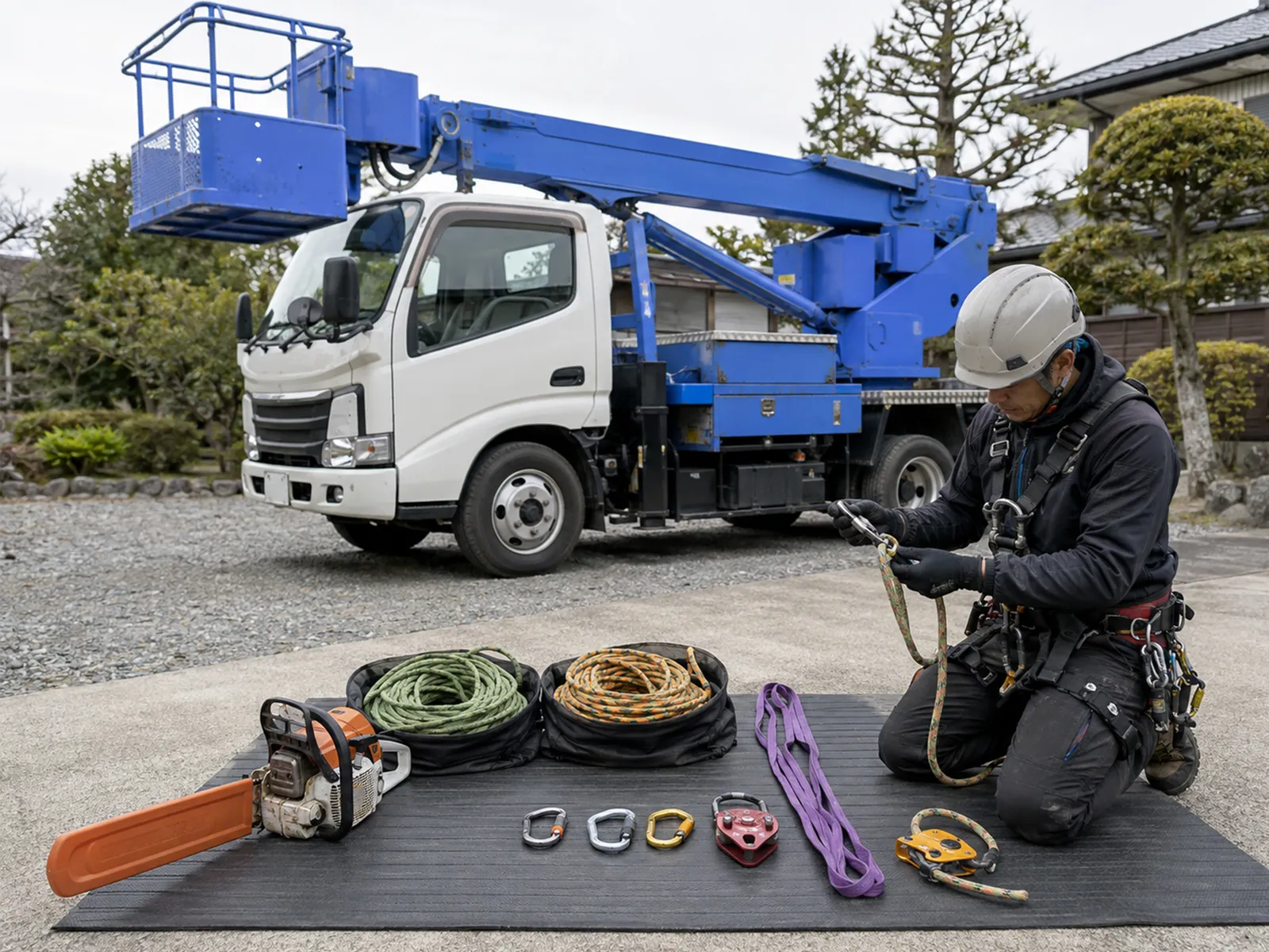 高所作業車の前で、チェーンソー、ロープ、カラビナ、滑車などの機材を確認する作業員