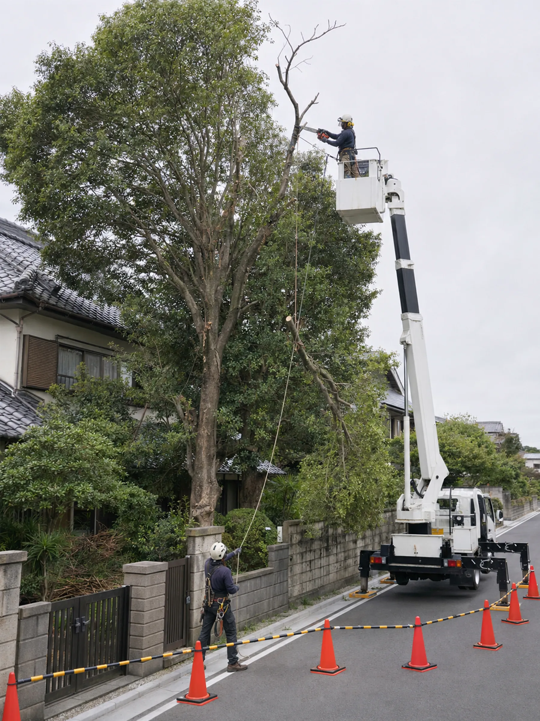 高所作業車から庭木を剪定し、地上の作業員が枝をロープで支える様子
