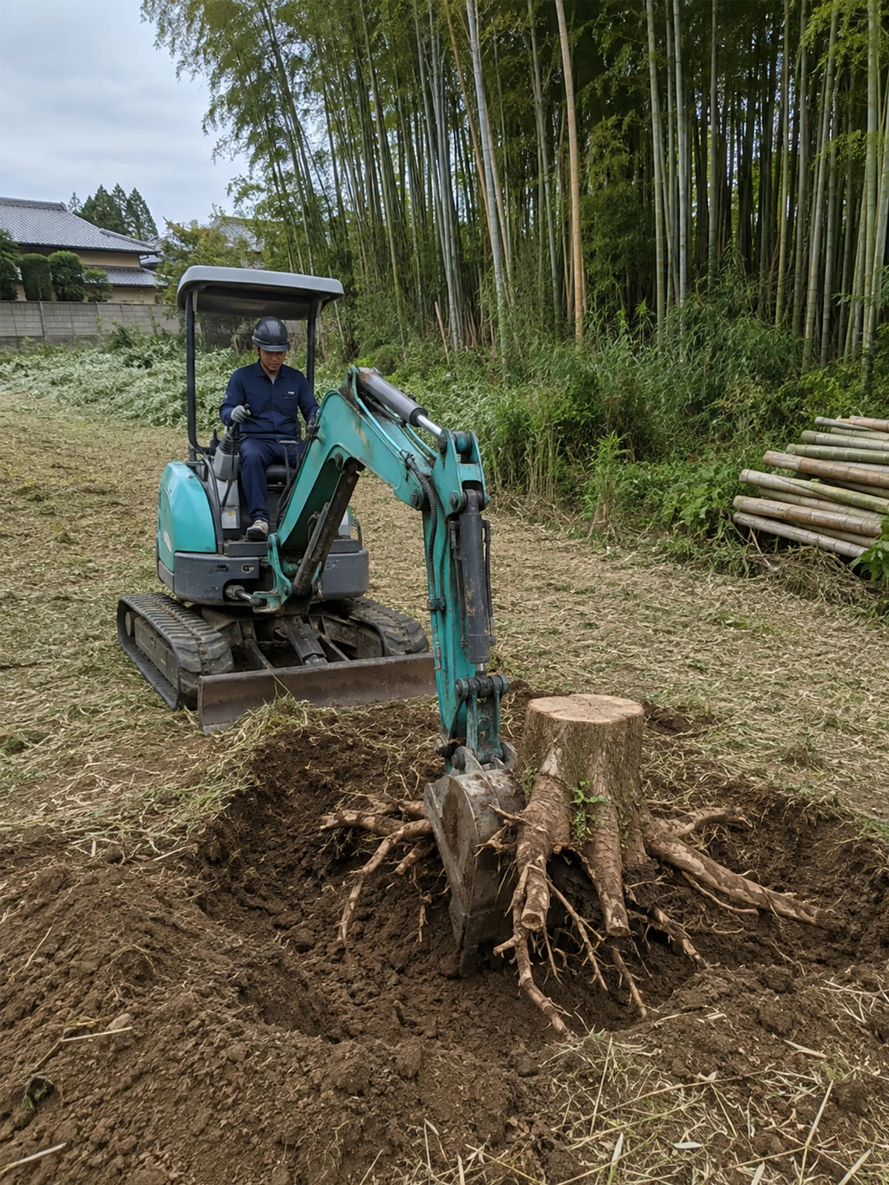竹林脇で、重機を使って切り株と根を掘り起こす作業員