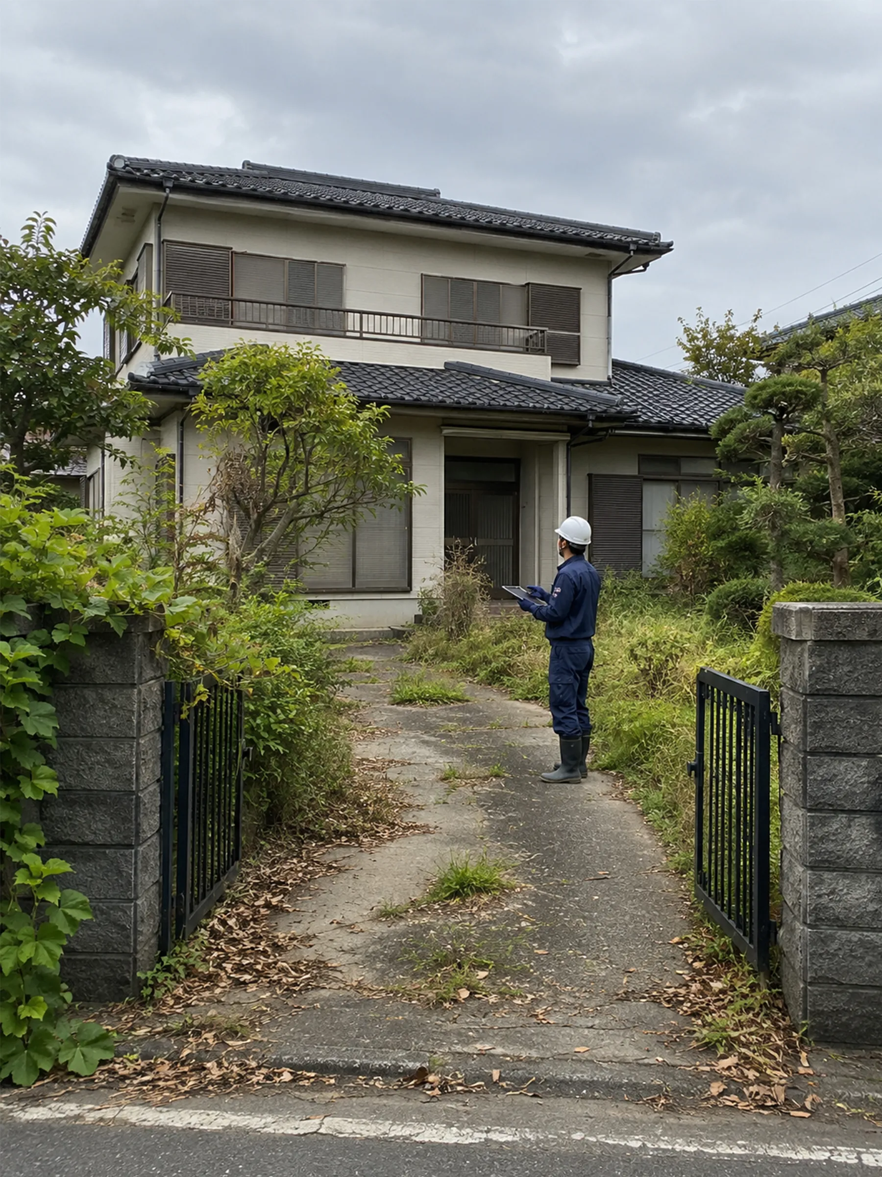 草木が伸びた空き家の庭を確認する作業員