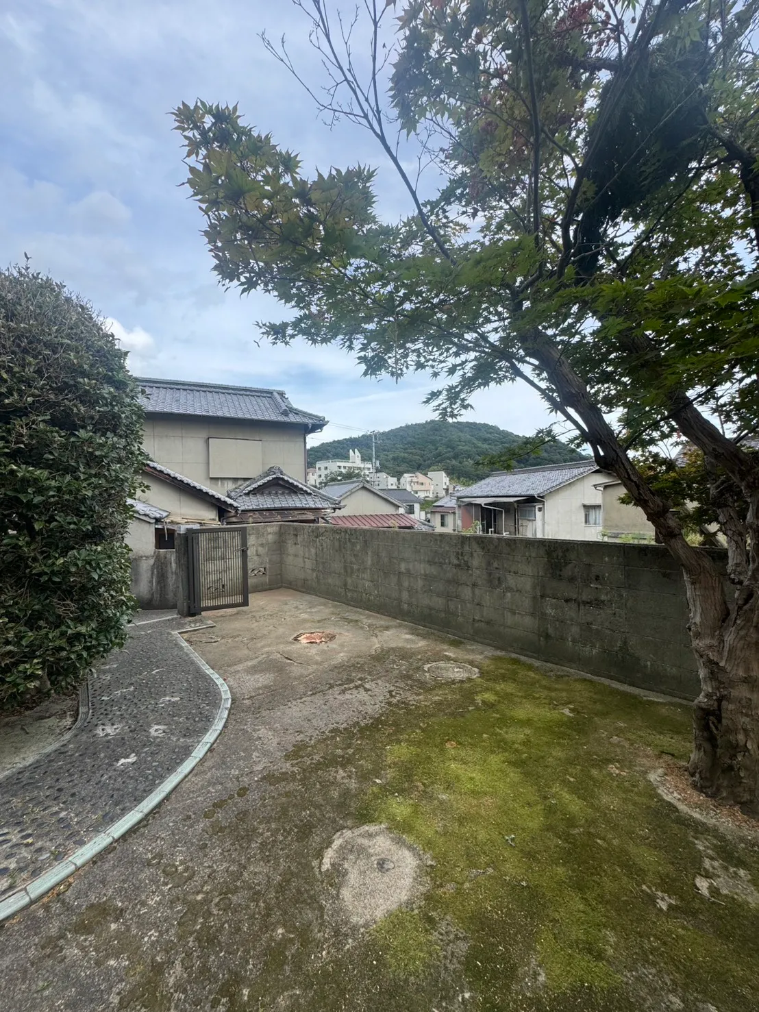 庭木を伐採した後に塀沿いの空間が開いた呉市の住宅の庭