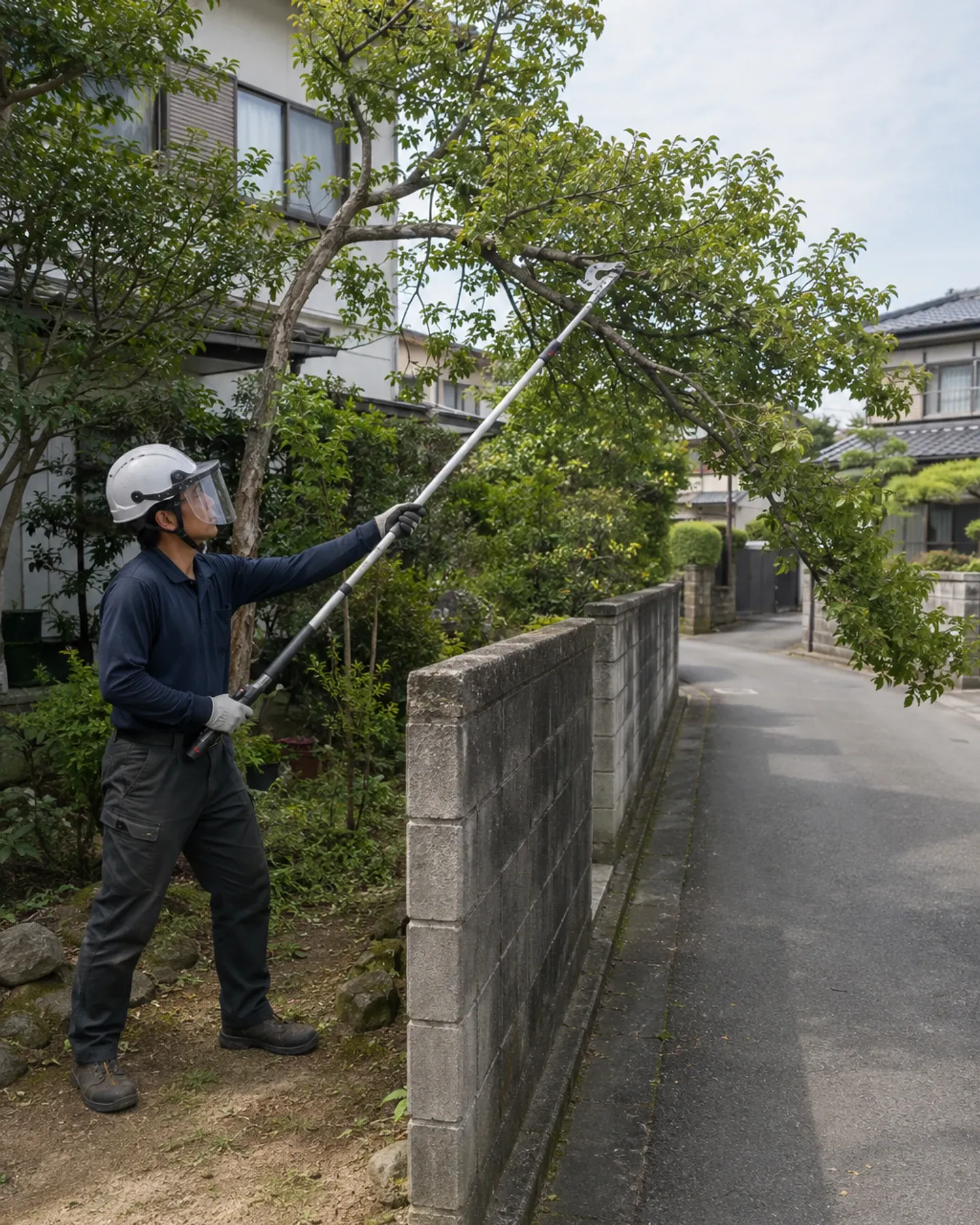 道路側へ越境した枝を塀の内側から剪定する作業員