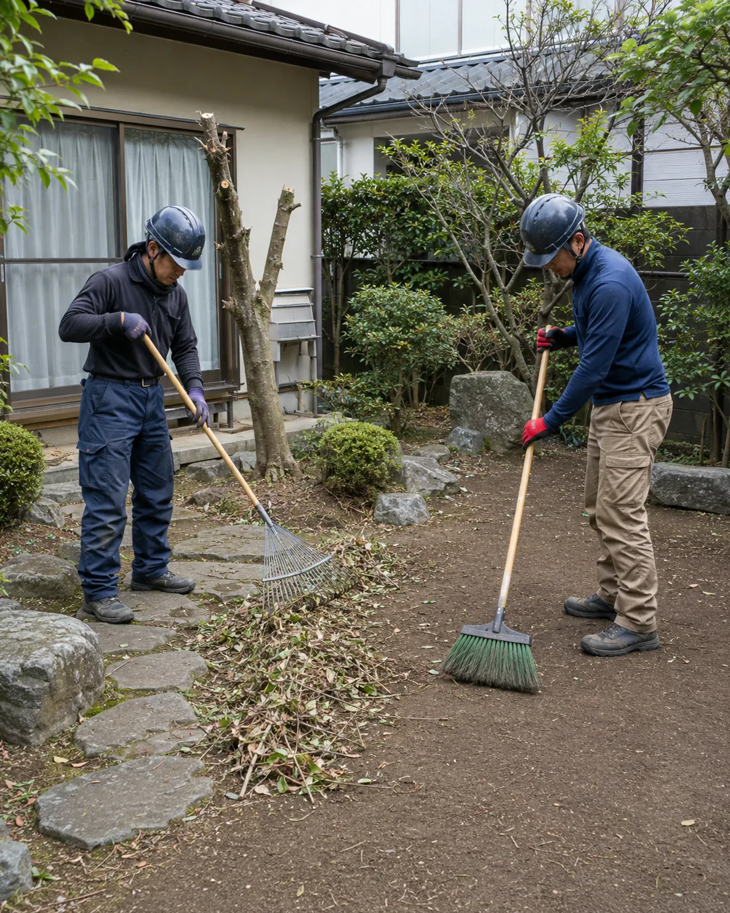 剪定後の小枝や葉を熊手と屋外ほうきで清掃する作業員