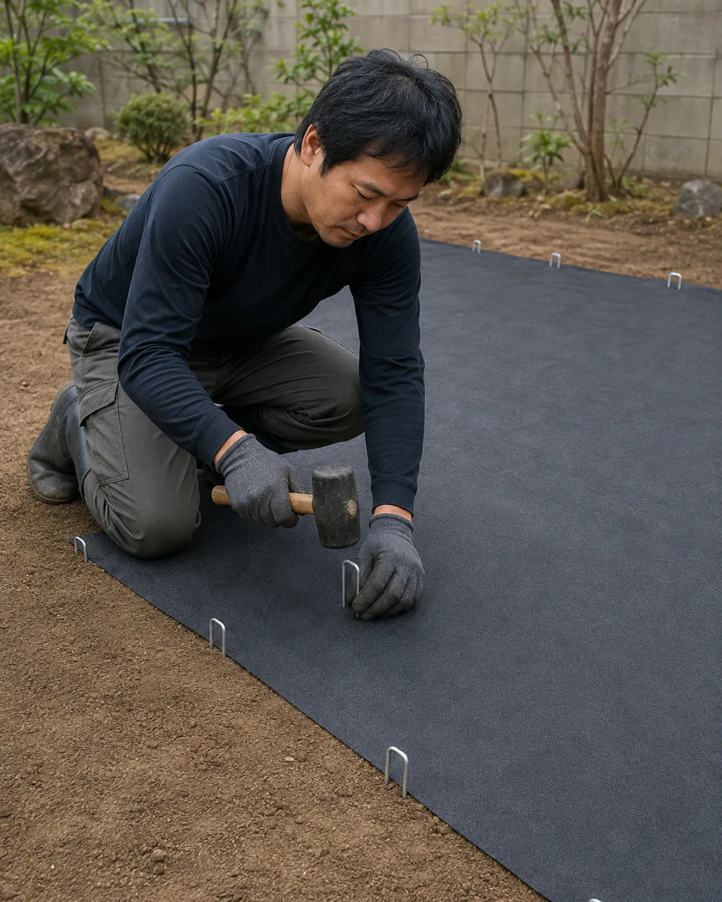 整地後の土へ防草シートを固定する作業員